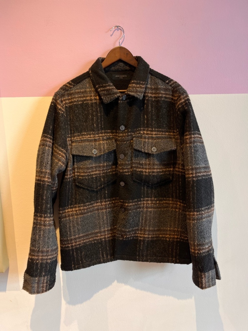 AllSaints Textured Plaid Wool Jacket in Black and Brown